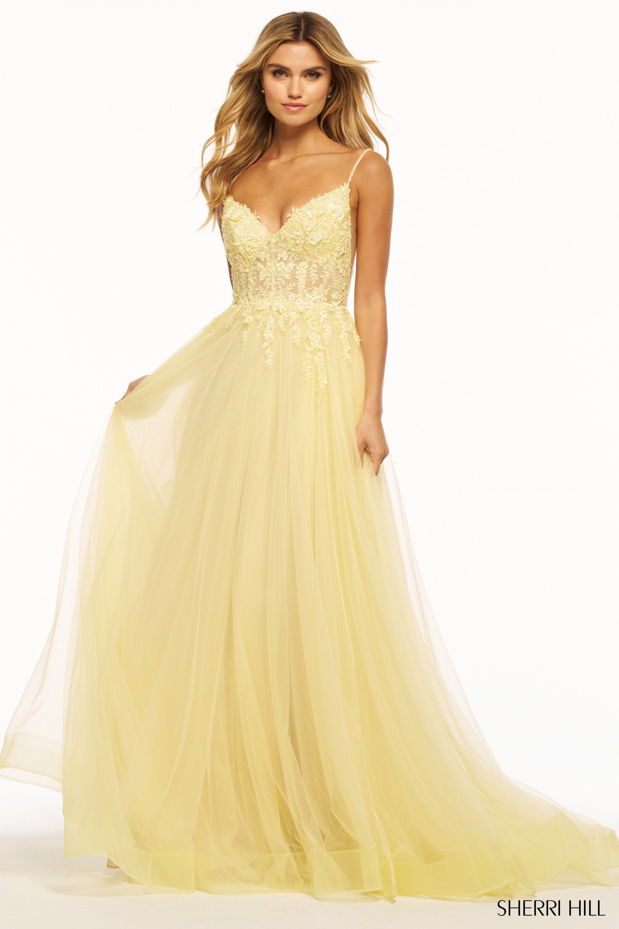 NWT Sherri Hill Style #2539 online Yellow empire waist dress