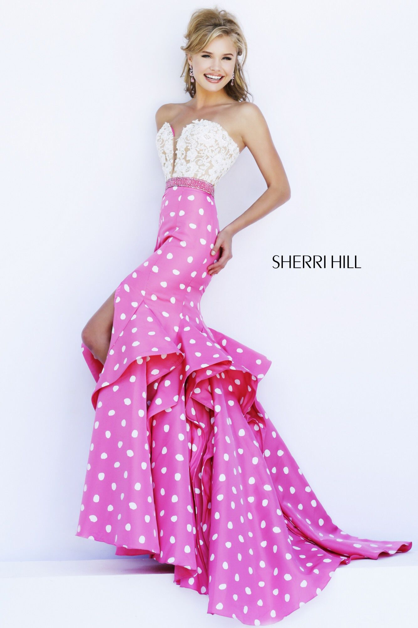 Sherri Hill Polka Dot Prom Dress and Pearl