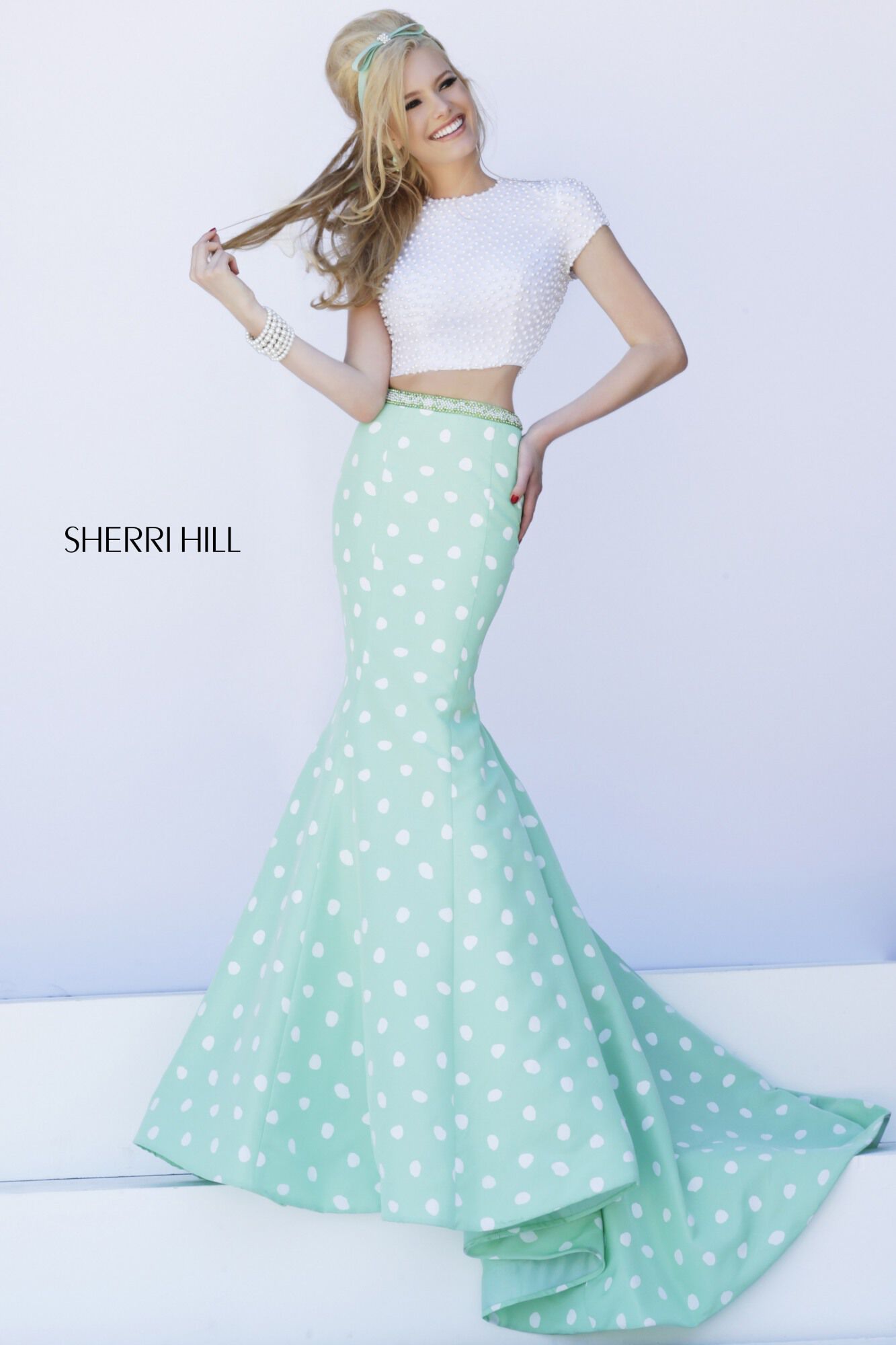 Sherri Hill Polka Dot Prom Dress and Pearl