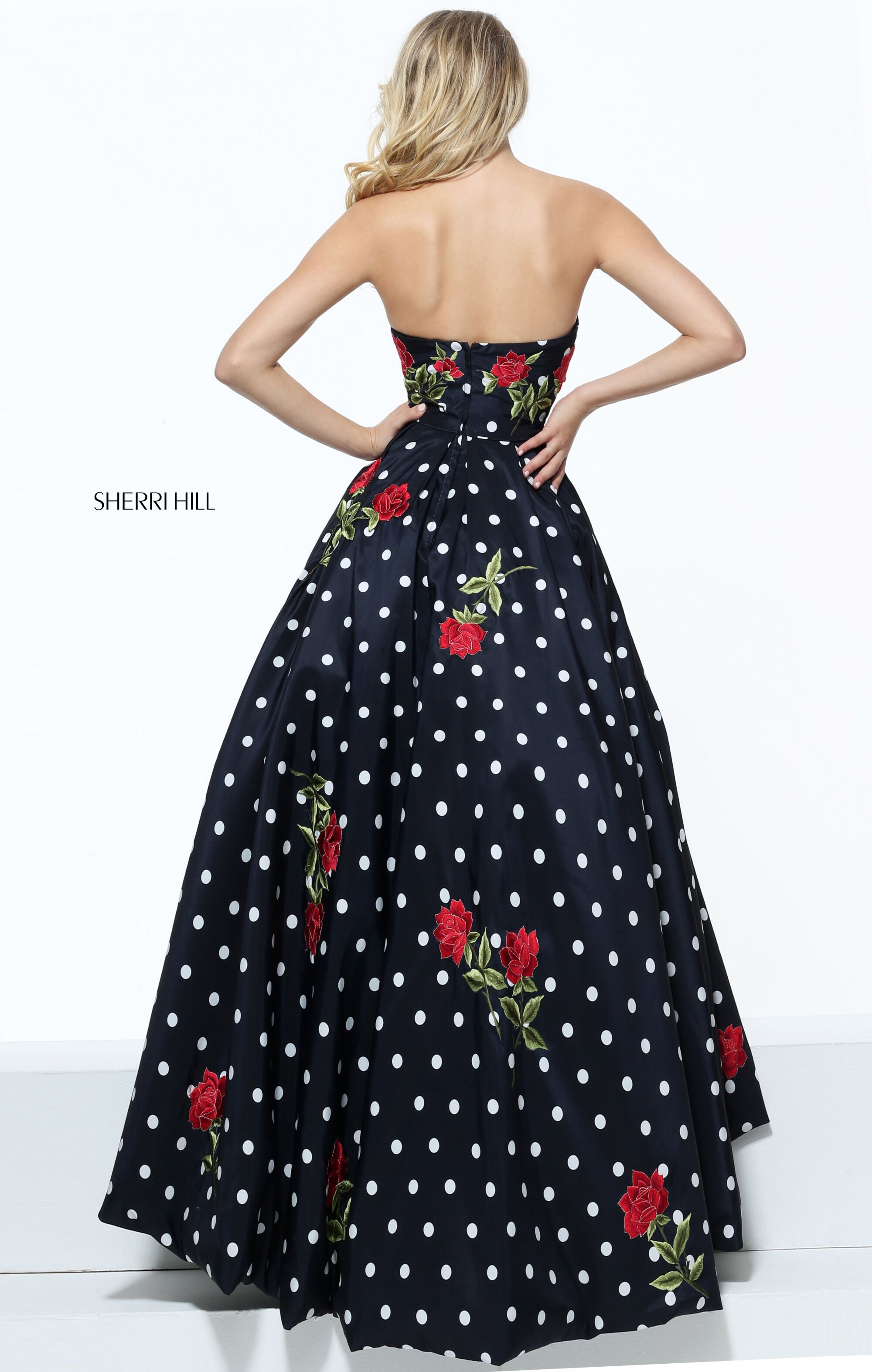 Sherri Hill Polka Dot Prom Dress and Pearl